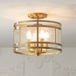 Franklin Iron Works Elwood Modern Ceiling Light Semi Flush Mount Fixture 13 1/4" Wide Gold 4-Light Water Glass Drum Shade For Bedroom Kitchen House